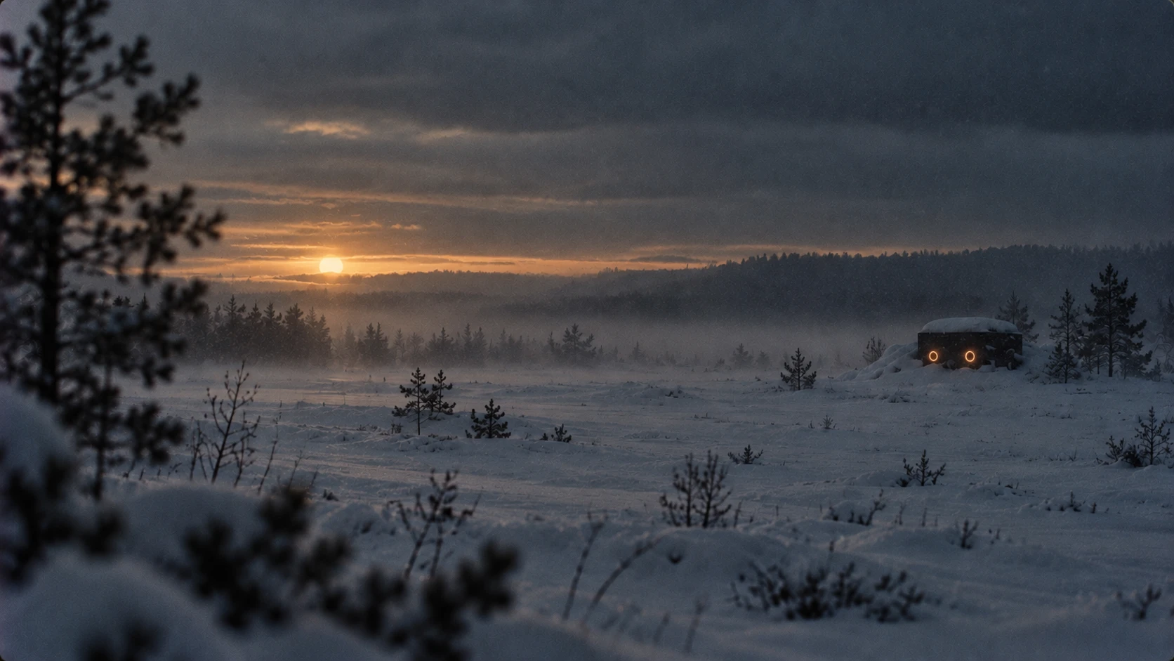 A small Ugla box with two glowing eyes, half buried in snow on a misty field at dusk
